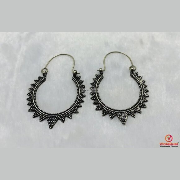Oxidized Silver Festival Hoop Earrings: Tribal Boho Handmade Hoop Earrings - Picture 3 of 5